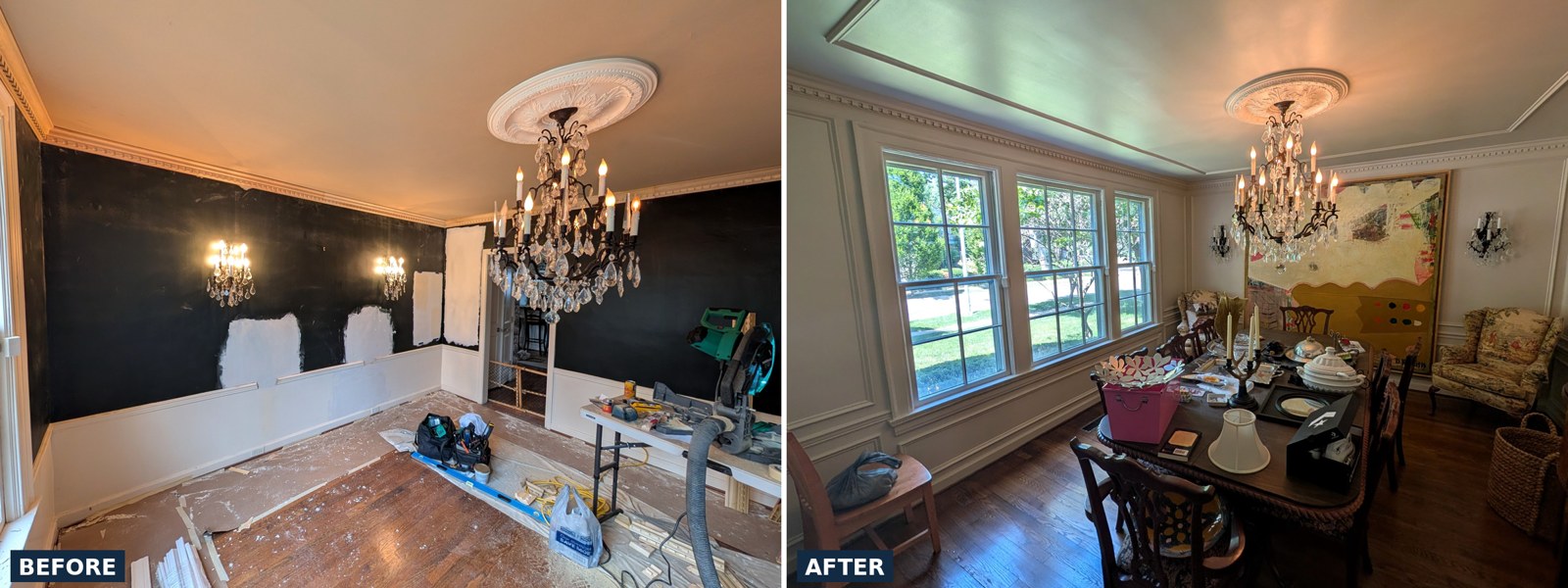 Dining room before and after: paint, trim, and wainscoting